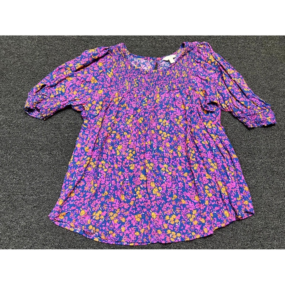 Terra & Sky Blouse Top Womens 0X/14W Plus Multicolor Floral Smocked Round Neck
